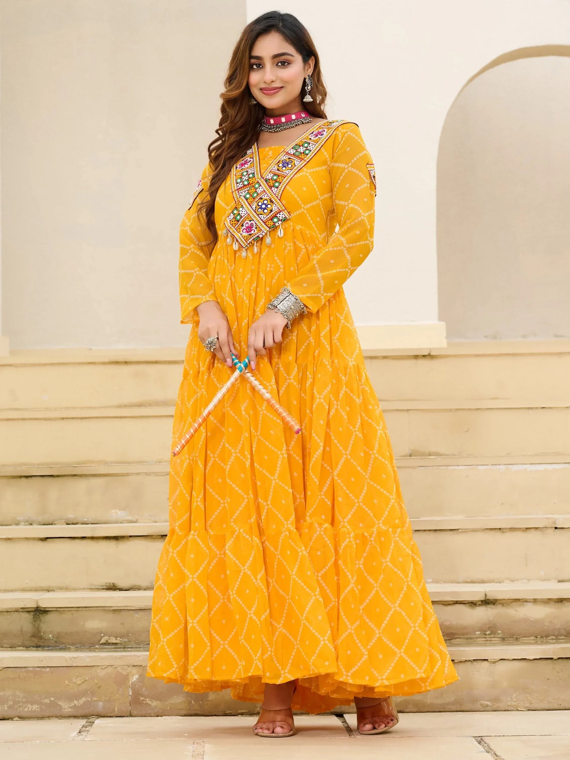 Sumptuous Yellow Kutchi Patch Work Georgette Navratri Wear Gown - Zeel Clothing