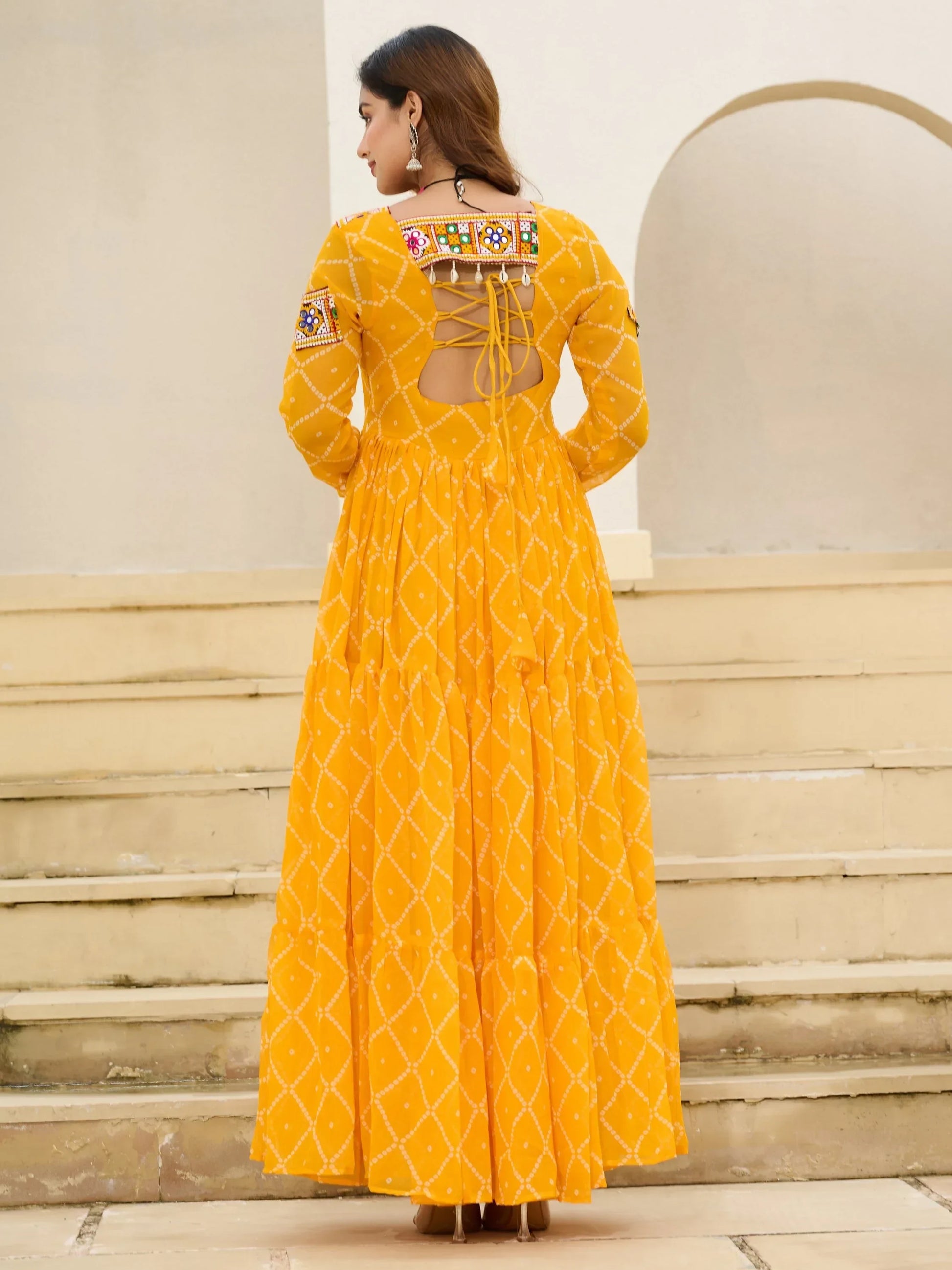 Sumptuous Yellow Kutchi Patch Work Georgette Navratri Wear Gown - Zeel Clothing