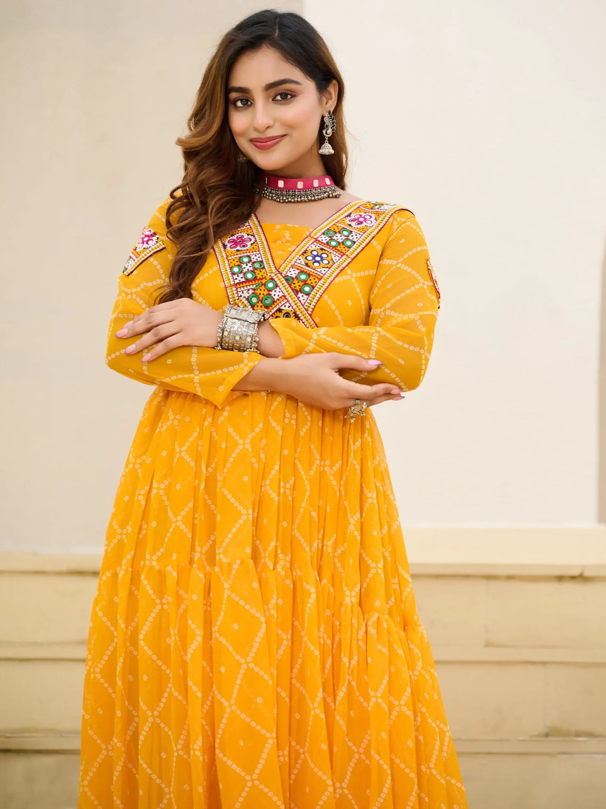 Sumptuous Yellow Kutchi Patch Work Georgette Navratri Wear Gown - Zeel Clothing