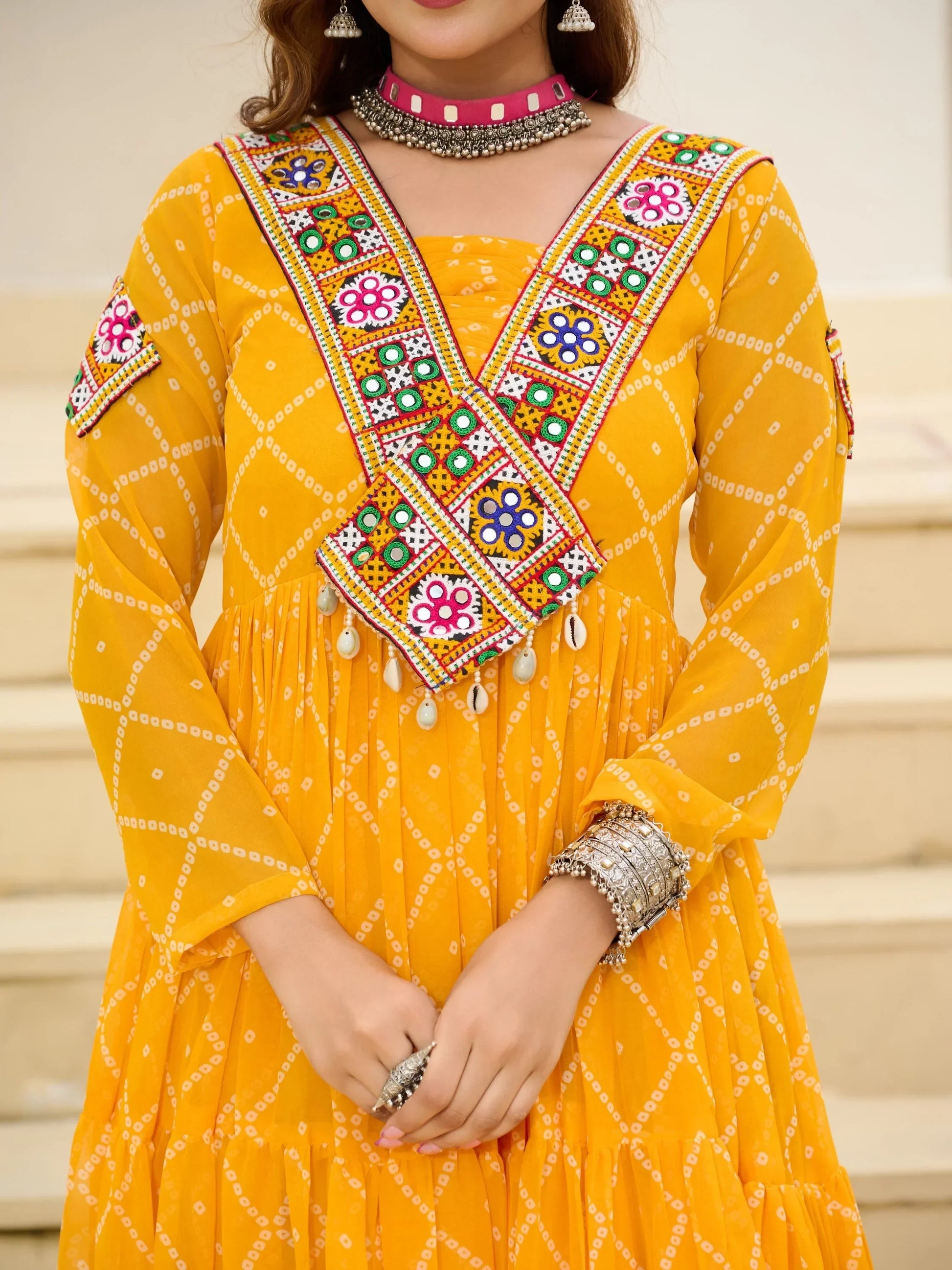 Sumptuous Yellow Kutchi Patch Work Georgette Navratri Wear Gown - Zeel Clothing