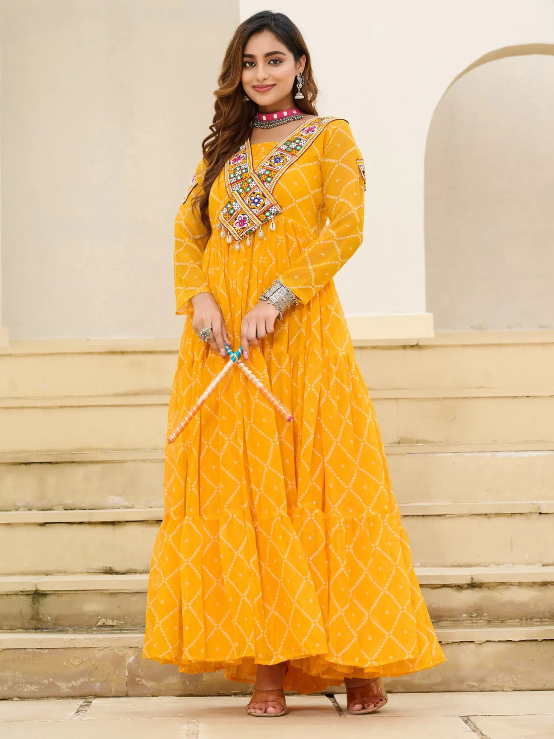 Sumptuous Yellow Kutchi Patch Work Georgette Navratri Wear Gown - Zeel Clothing