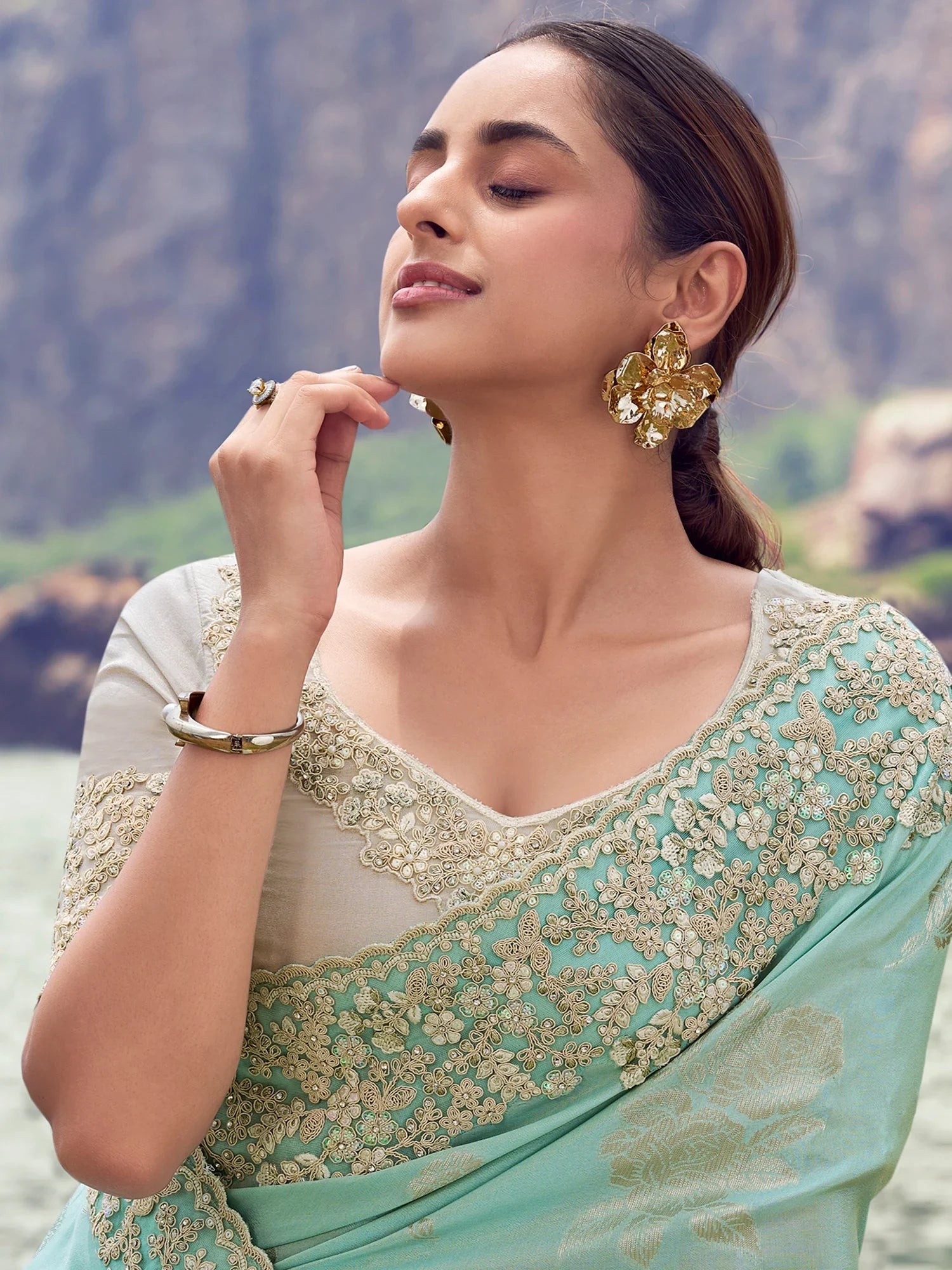 Super Blue Sequins Embroidered Tissue Marriage Wear Saree With Blouse