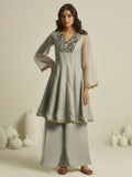 Super Grey Hand Work Tissue Festive Wear Peplum Top With Palazzo