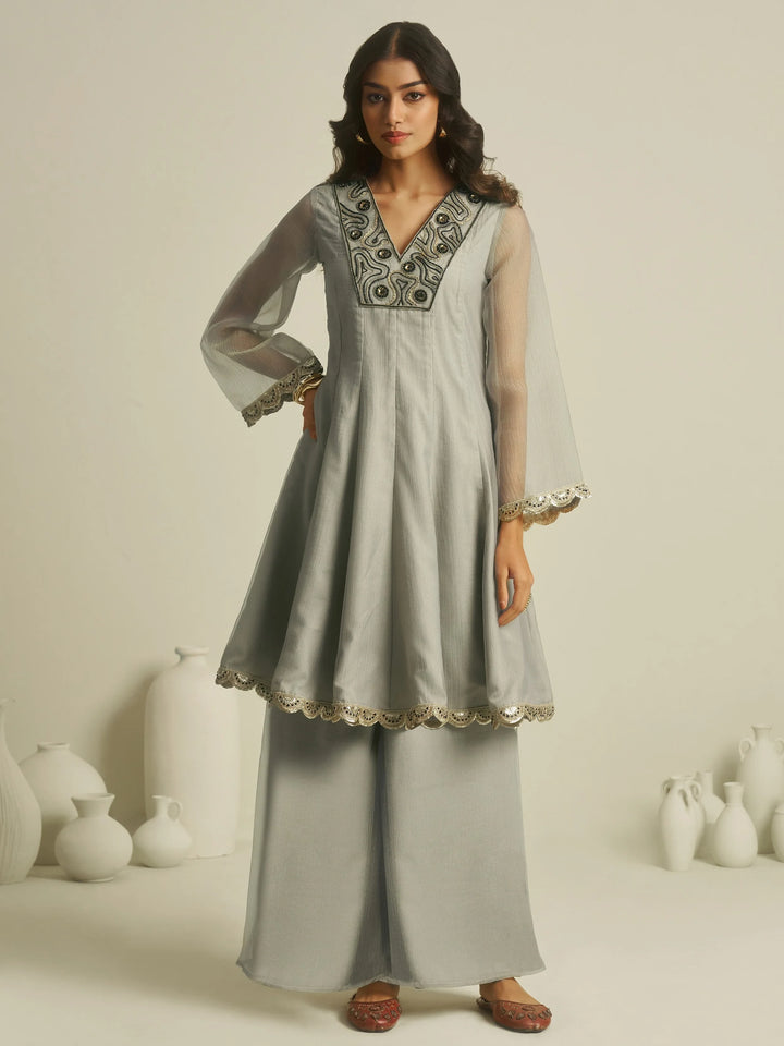 Super Grey Hand Work Tissue Festive Wear Peplum Top With Palazzo