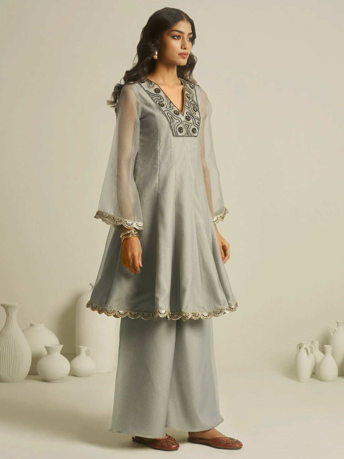 Super Grey Hand Work Tissue Festive Wear Peplum Top With Palazzo