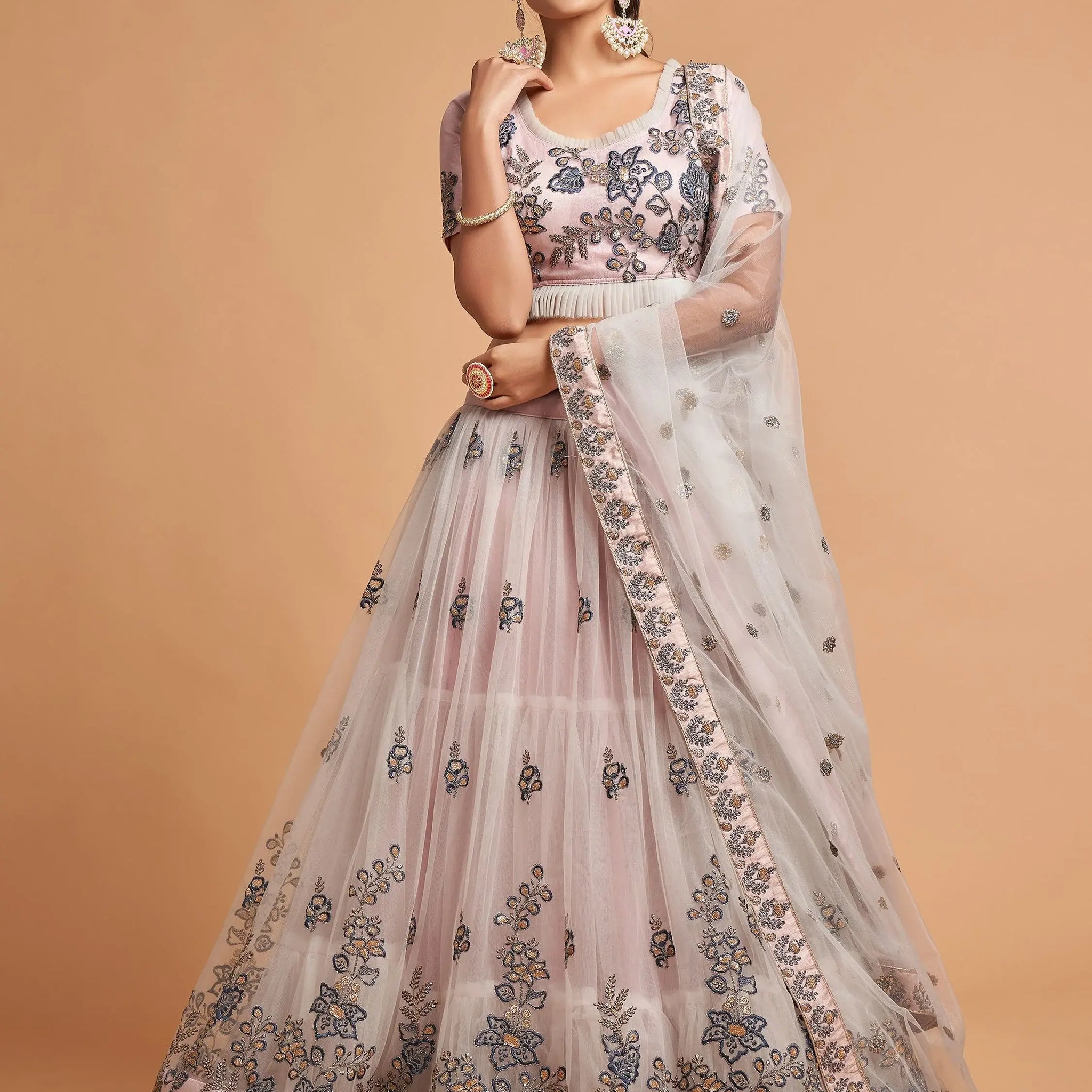 Super Grey Zari Embroidery Net Party Wear Lehenga Choli - Zeel Clothing