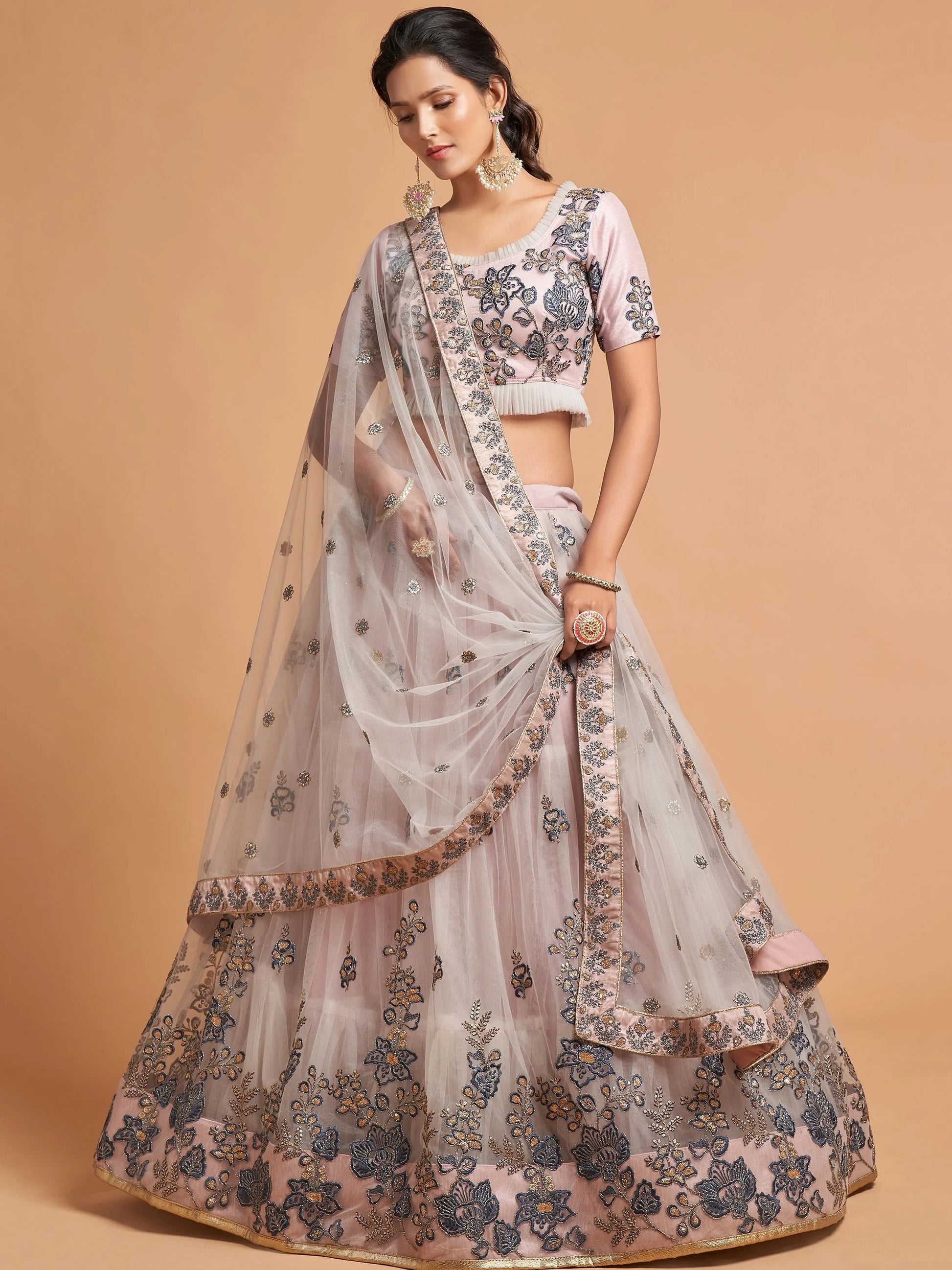 Super Grey Zari Embroidery Net Party Wear Lehenga Choli - Zeel Clothing