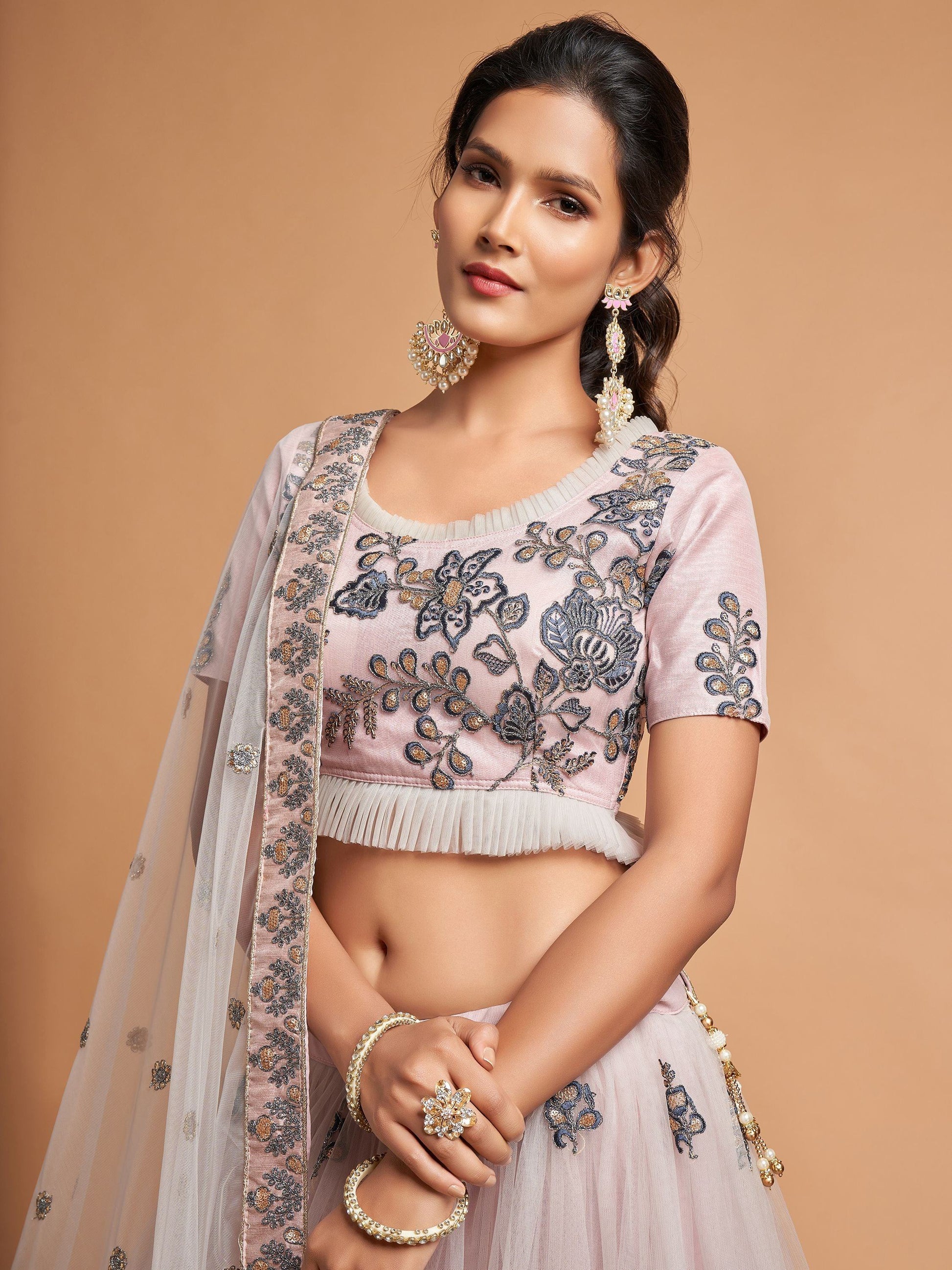 Super Grey Zari Embroidery Net Party Wear Lehenga Choli - Zeel Clothing