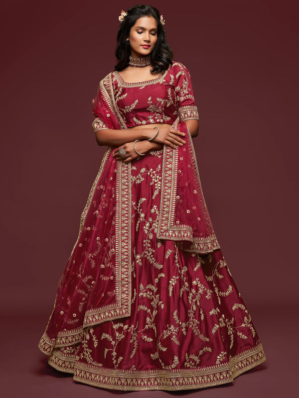 Super Maroon Thread Embroidery Art Silk Wedding Lehenga Choli - Zeel Clothing