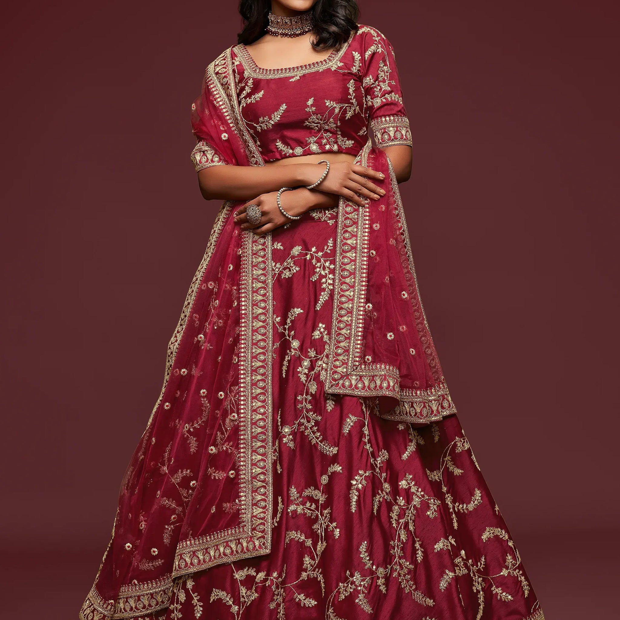 Super Maroon Thread Embroidery Art Silk Wedding Lehenga Choli - Zeel Clothing