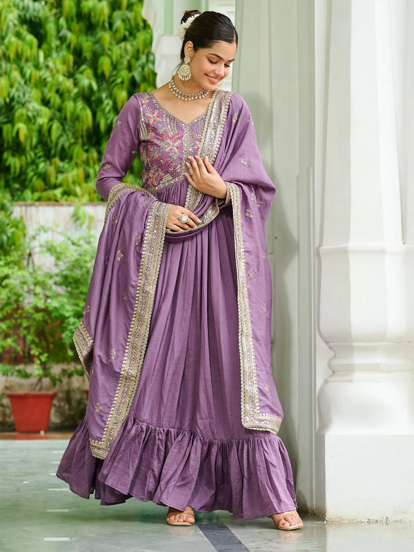 Super Mauve Thread Embroidered Silk Wedding Wear Gown With Dupatta