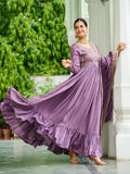 Super Mauve Thread Embroidered Silk Wedding Wear Gown With Dupatta