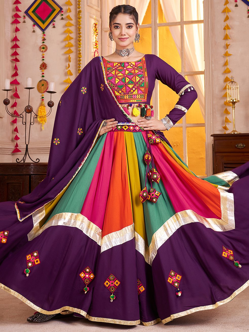 Super Purple Thread Embroidery Cotton Navratri Special Lehenga Choli With Dupatta - Zeel Clothing