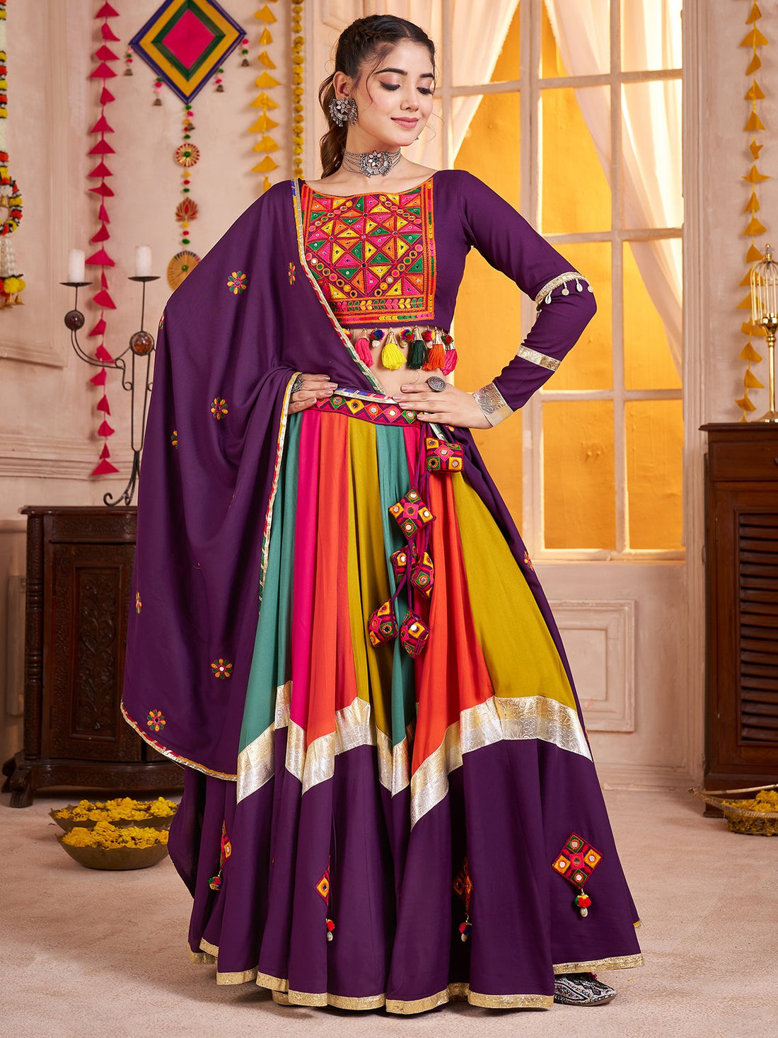Super Purple Thread Embroidery Cotton Navratri Special Lehenga Choli With Dupatta - Zeel Clothing