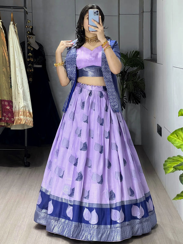 Super Purple Zari Weaving Jacquard Silk Evening Wear Lehenga Choli With Jacket
