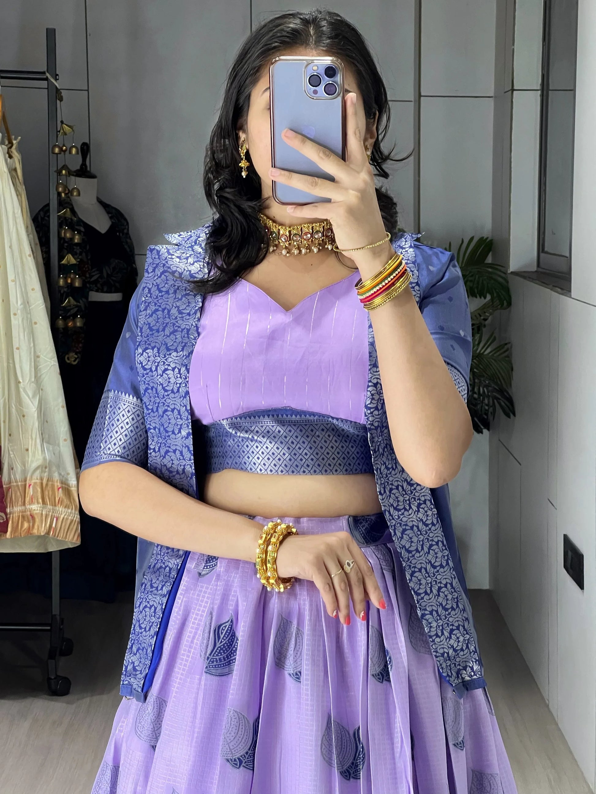 Super Purple Zari Weaving Jacquard Silk Evening Wear Lehenga Choli With Jacket