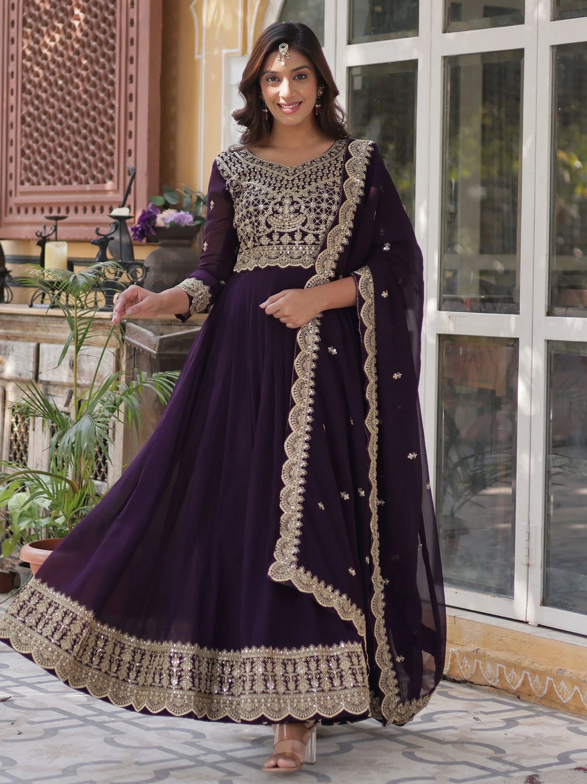 Super Wine Embroidered Georgette Function Wear Gown With Dupatta