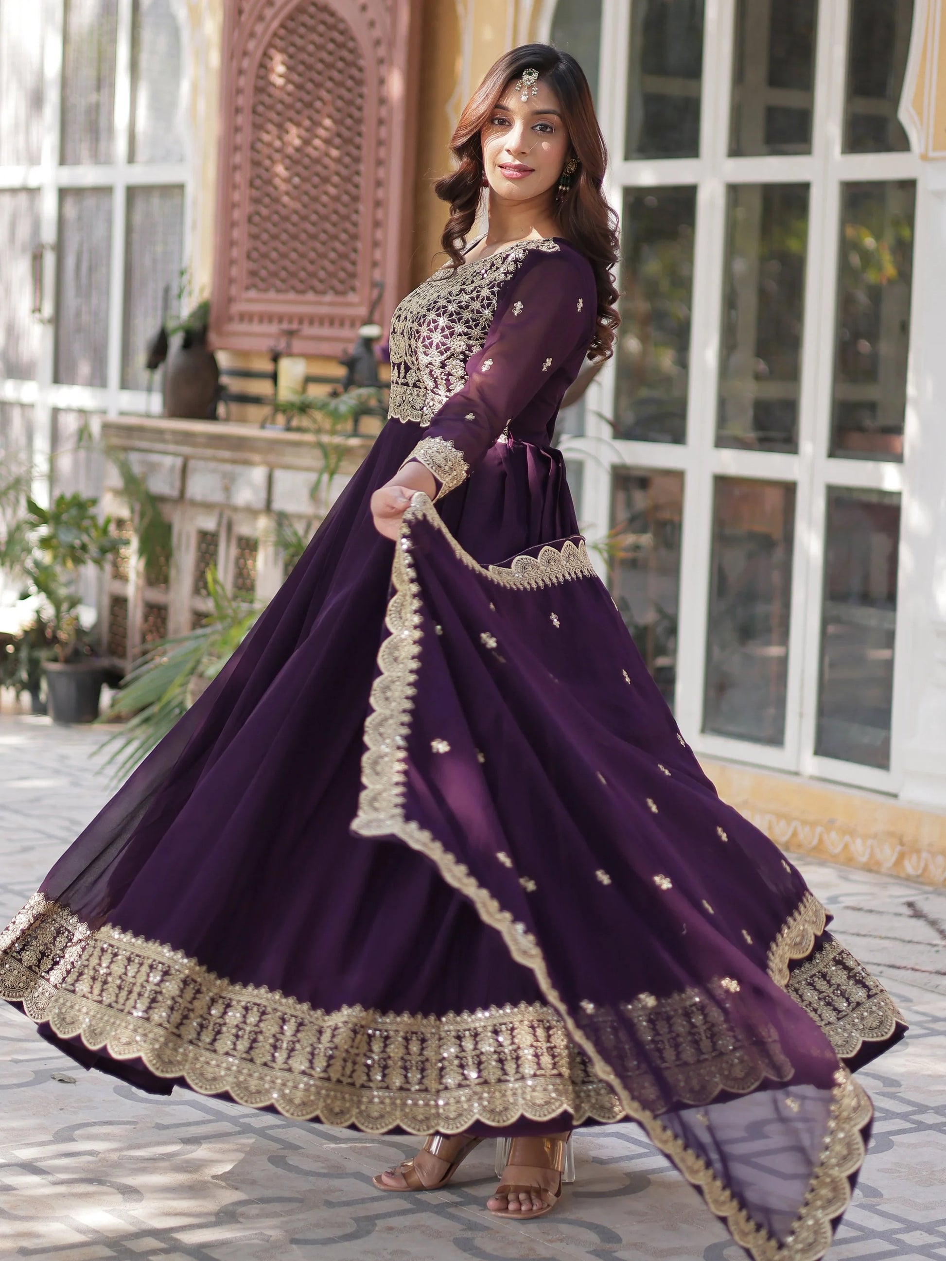 Super Wine Embroidered Georgette Function Wear Gown With Dupatta