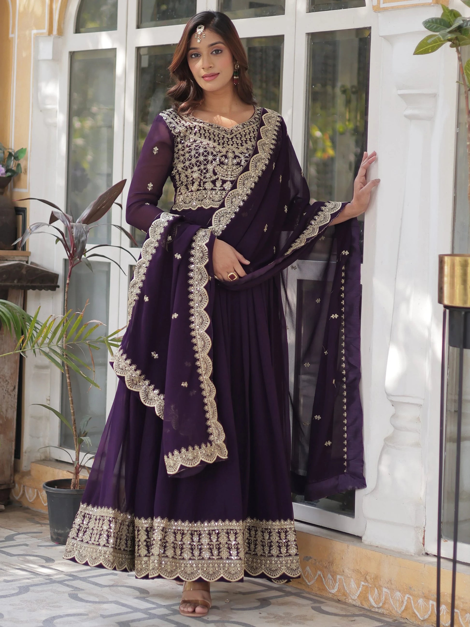 Super Wine Embroidered Georgette Function Wear Gown With Dupatta