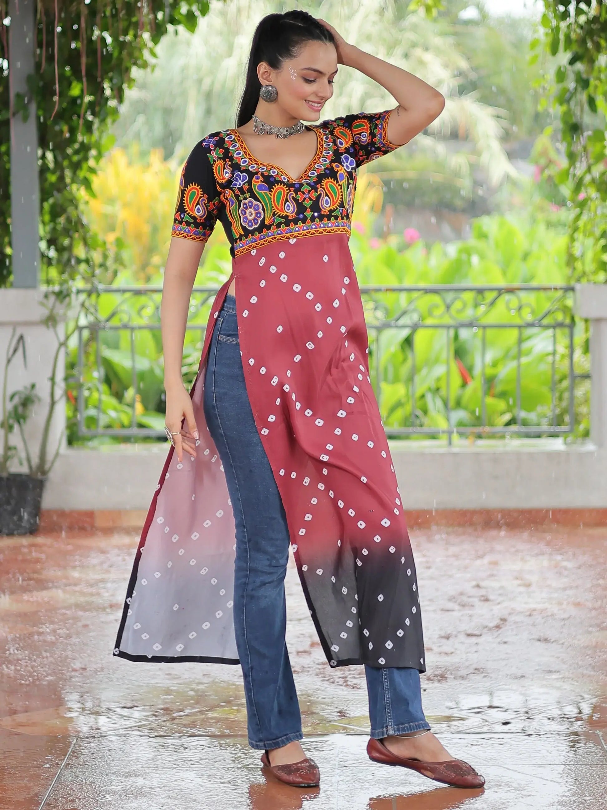 Superb Black Bandhani Printed Rayon Navratri Wear Long Kurti - Zeel Clothing
