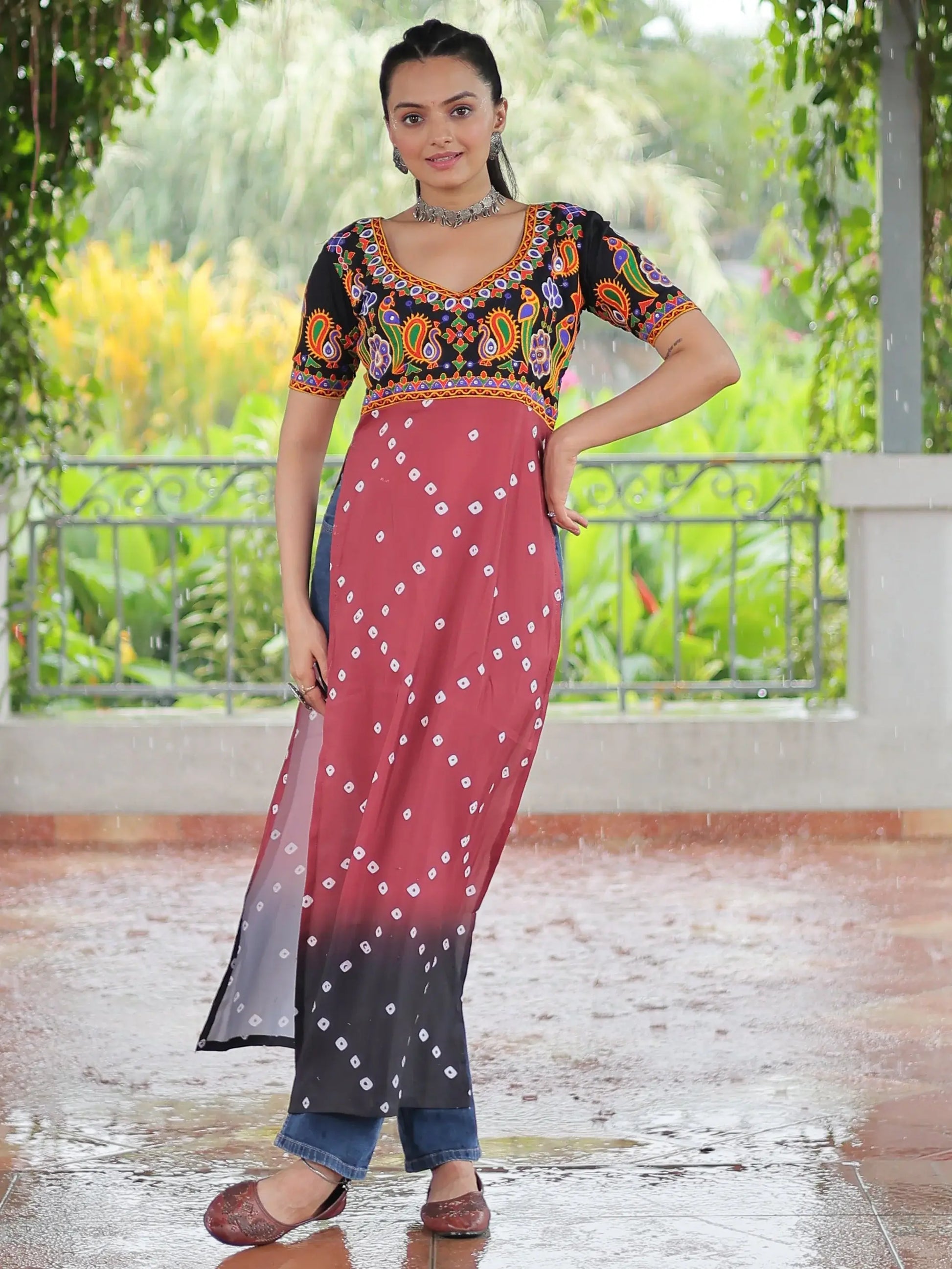 Superb Black Bandhani Printed Rayon Navratri Wear Long Kurti - Zeel Clothing