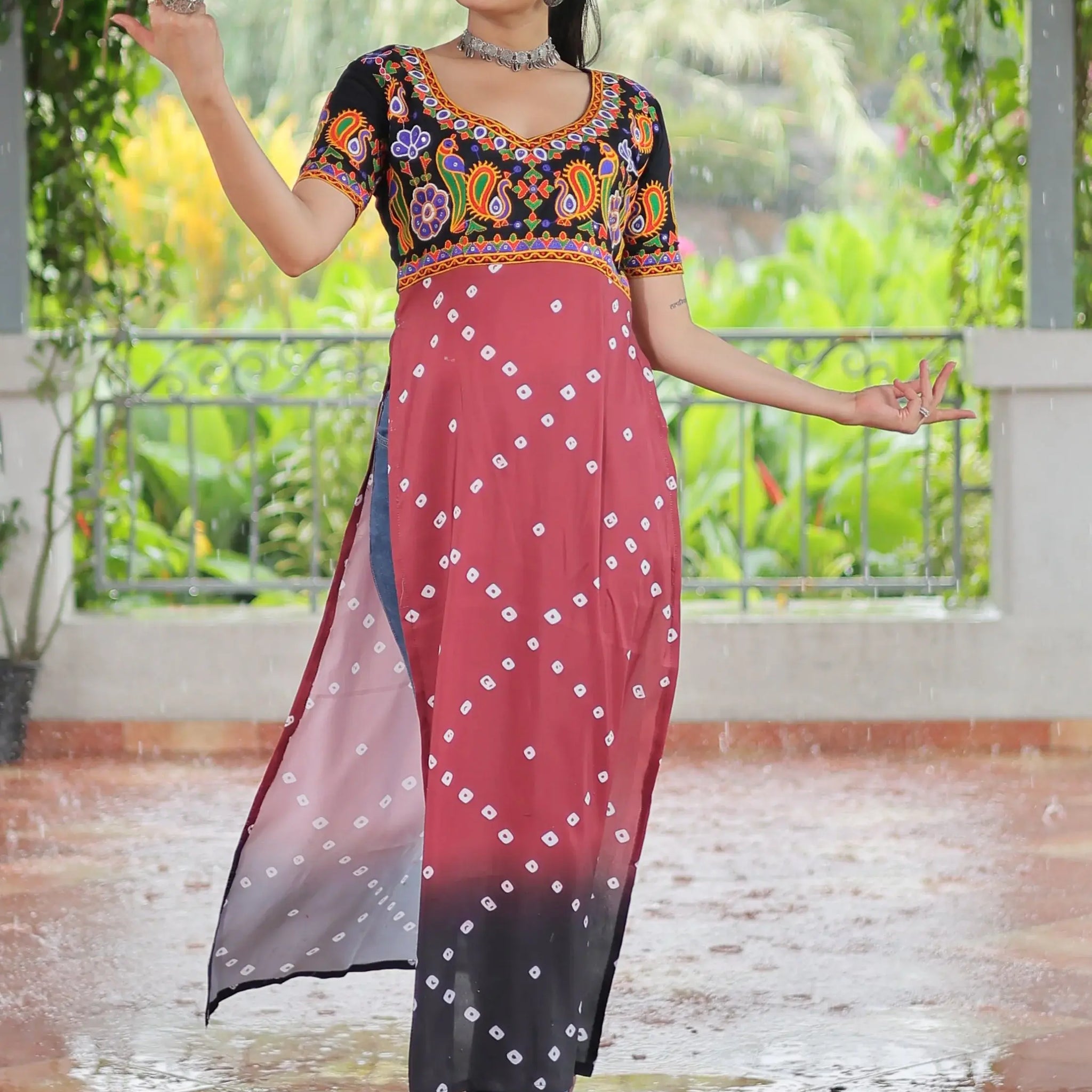 Superb Black Bandhani Printed Rayon Navratri Wear Long Kurti - Zeel Clothing