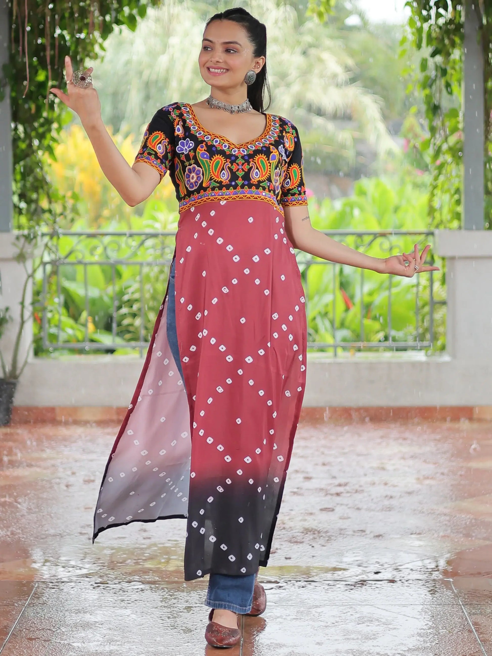 Superb Black Bandhani Printed Rayon Navratri Wear Long Kurti - Zeel Clothing