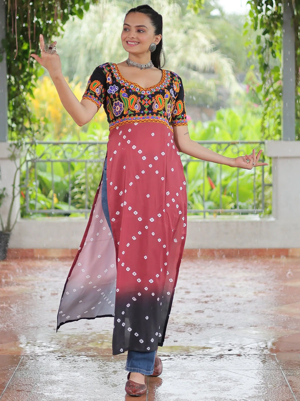 Superb Black Bandhani Printed Rayon Navratri Wear Long Kurti - Zeel Clothing