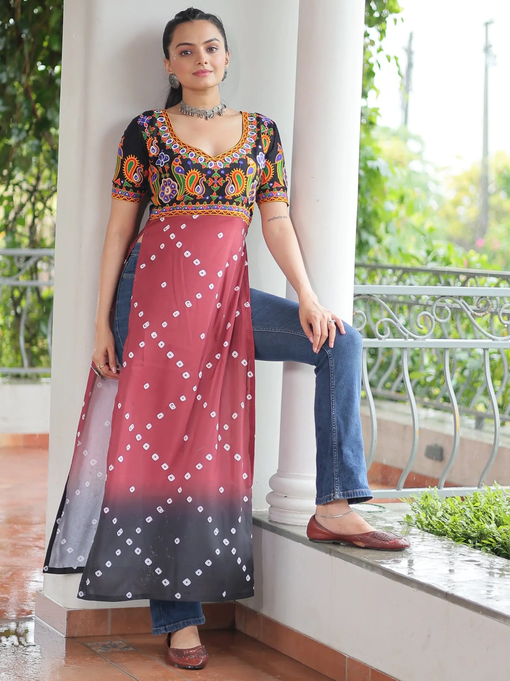 Superb Black Bandhani Printed Rayon Navratri Wear Long Kurti - Zeel Clothing