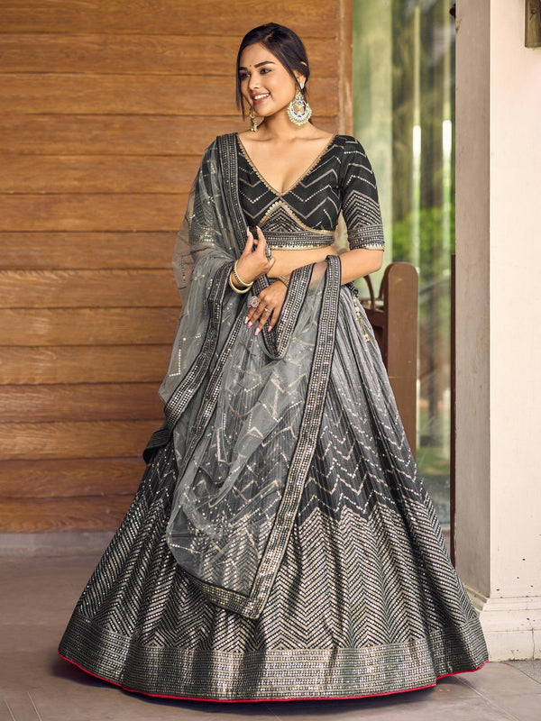 Superb Black Sequins Chinon Events Wear Lehenga Choli With Dupatta