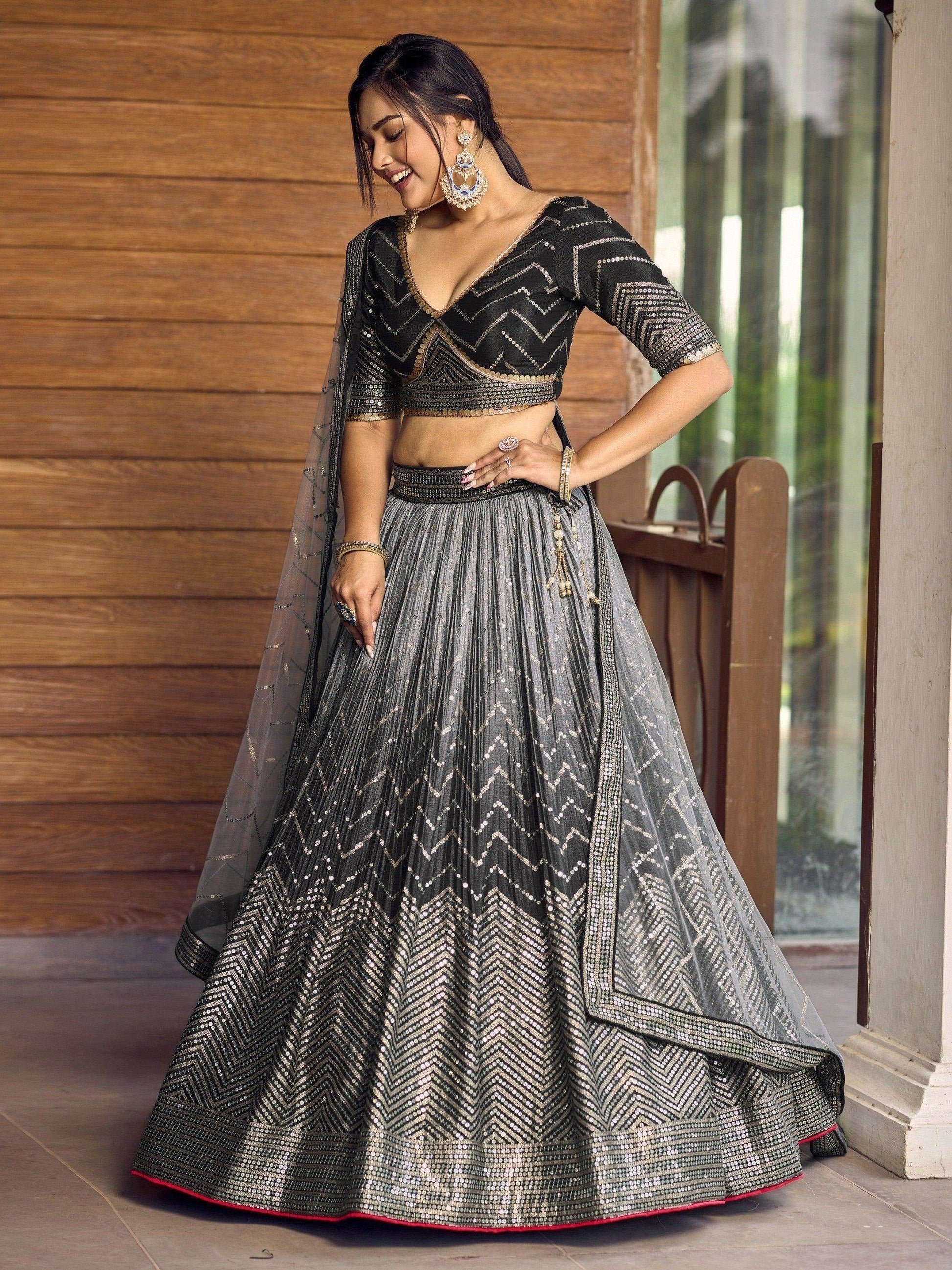 Superb Black Sequins Chinon Events Wear Lehenga Choli With Dupatta - Zeel Clothing
