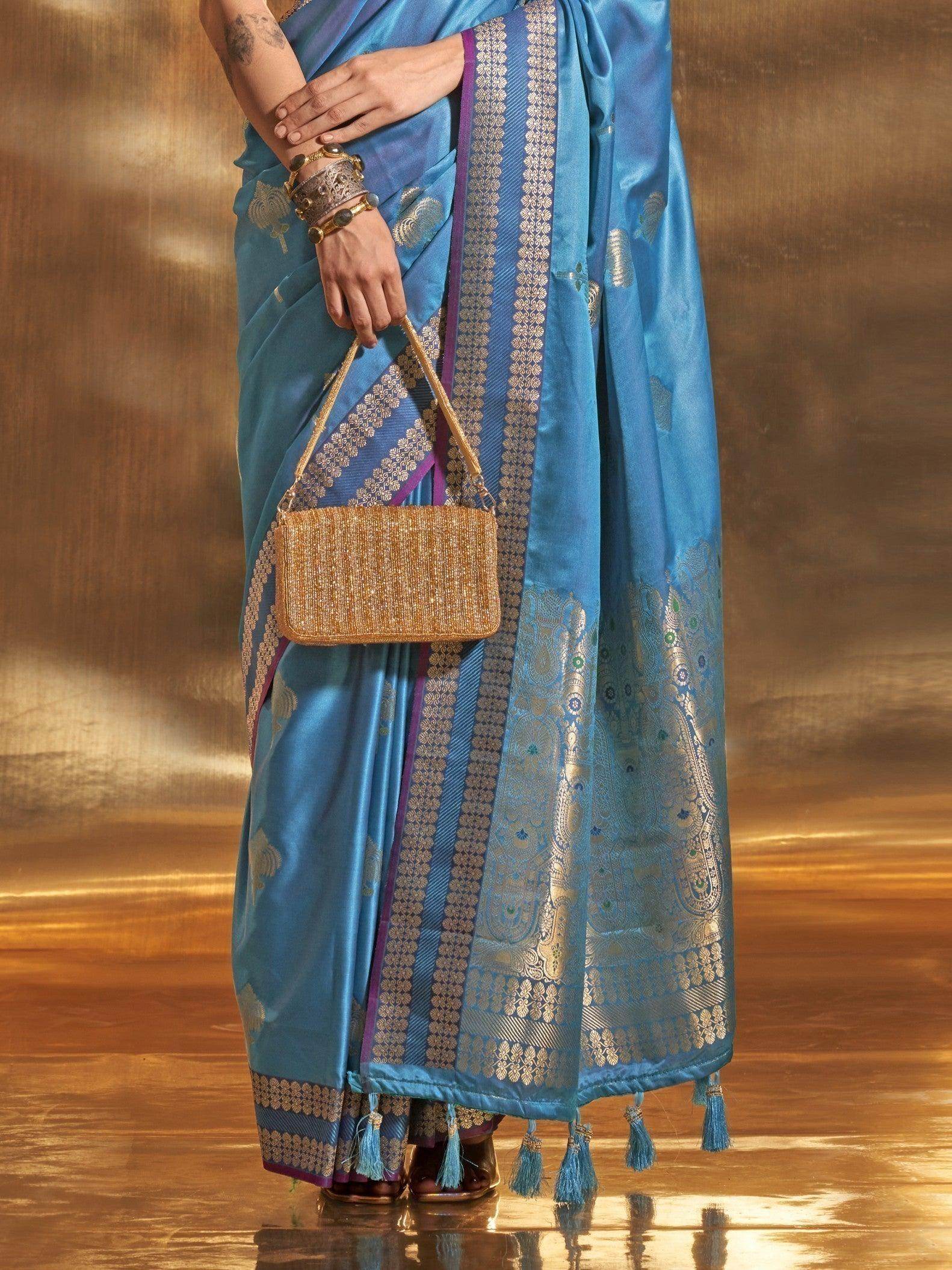 Superb Blue Handloom Weaving Satin Festive Wear Saree With Blouse - Zeel Clothing