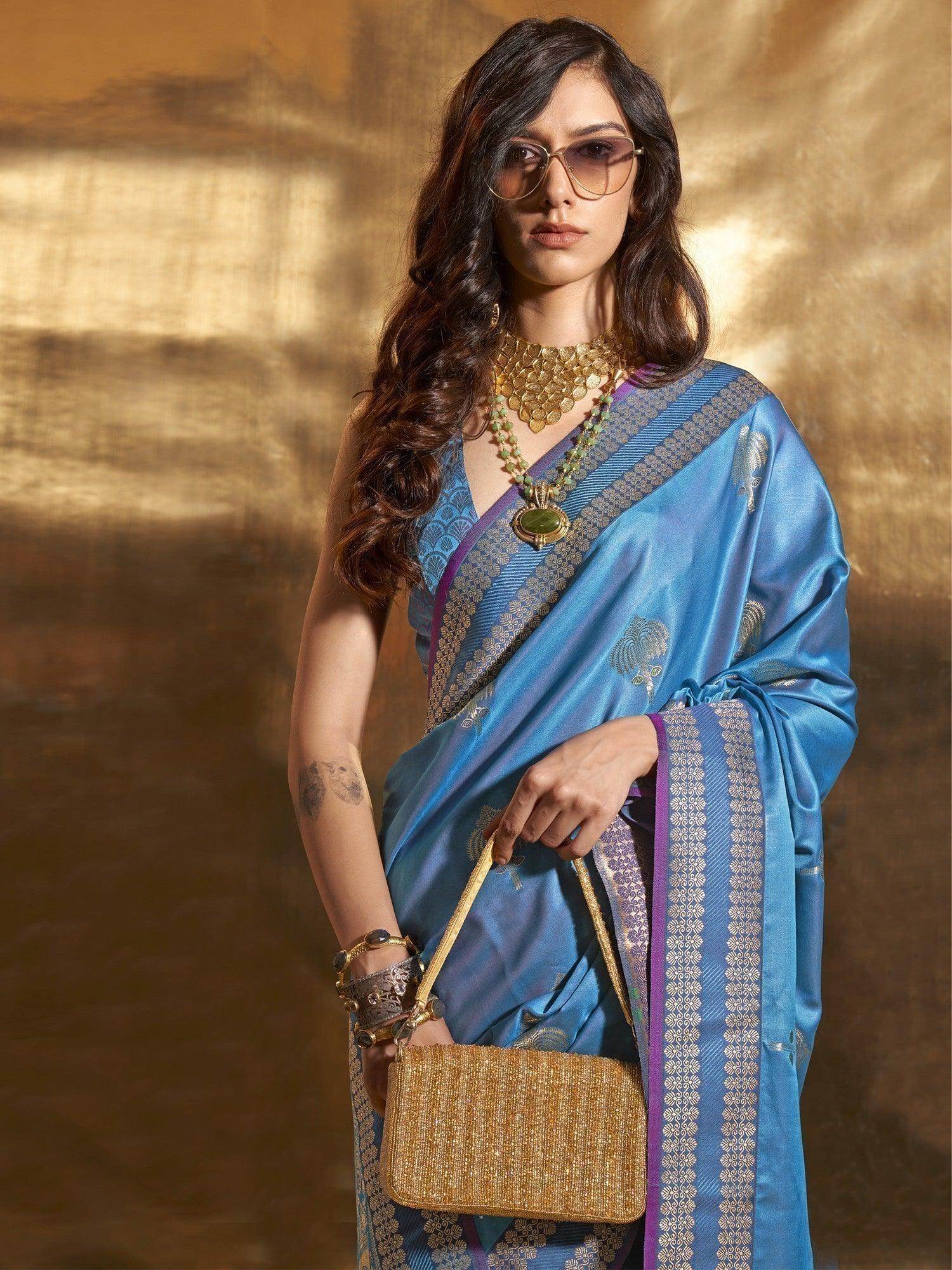 Superb Blue Handloom Weaving Satin Festive Wear Saree With Blouse - Zeel Clothing