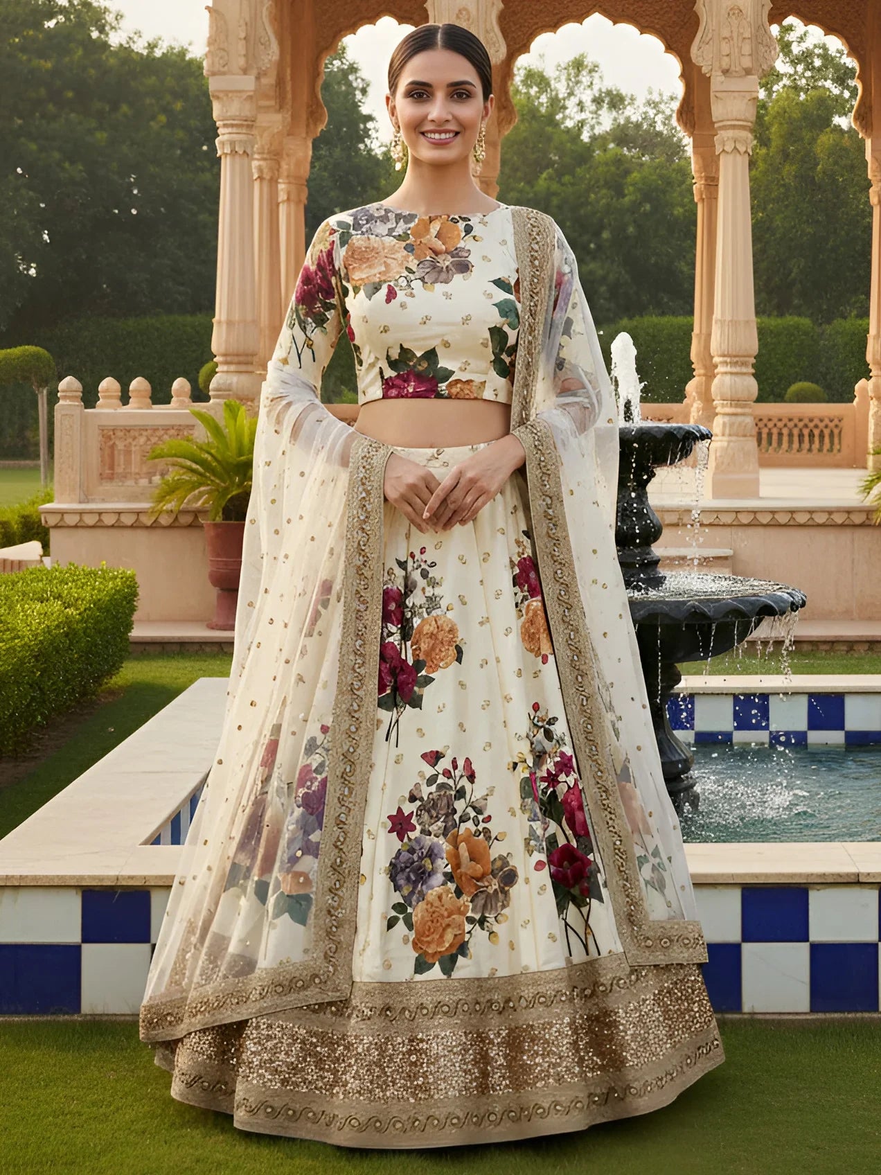 Superb Cream Floral Printed Silk Evening Wear Lehenga Choli With Dupatta