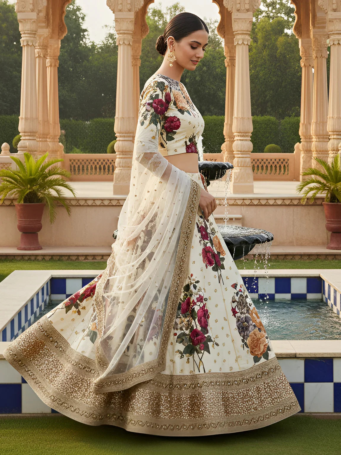 Superb Cream Floral Printed Silk Evening Wear Lehenga Choli With Dupatta