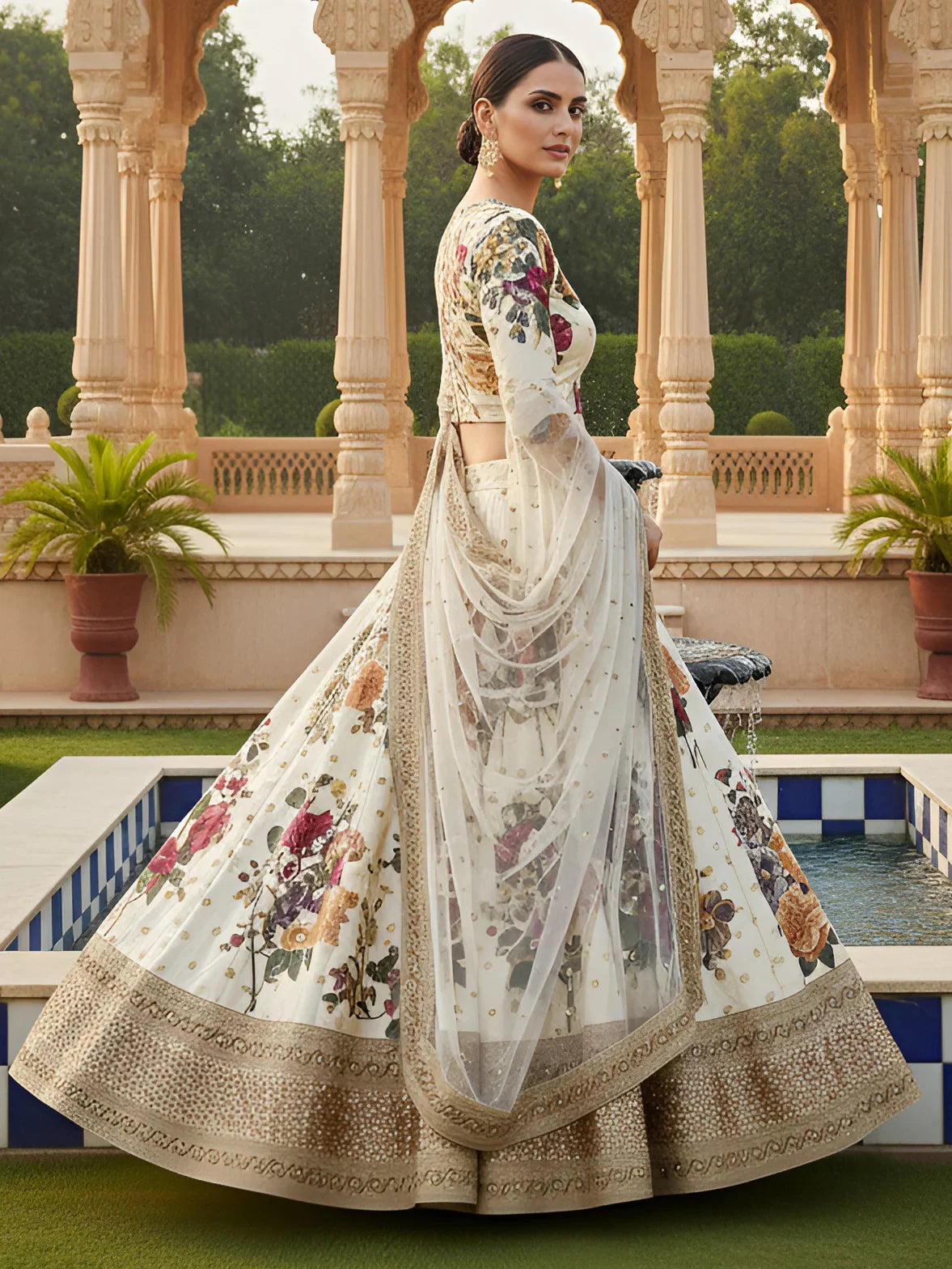 Superb Cream Floral Printed Silk Evening Wear Lehenga Choli With Dupatta