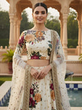 Superb Cream Floral Printed Silk Evening Wear Lehenga Choli With Dupatta