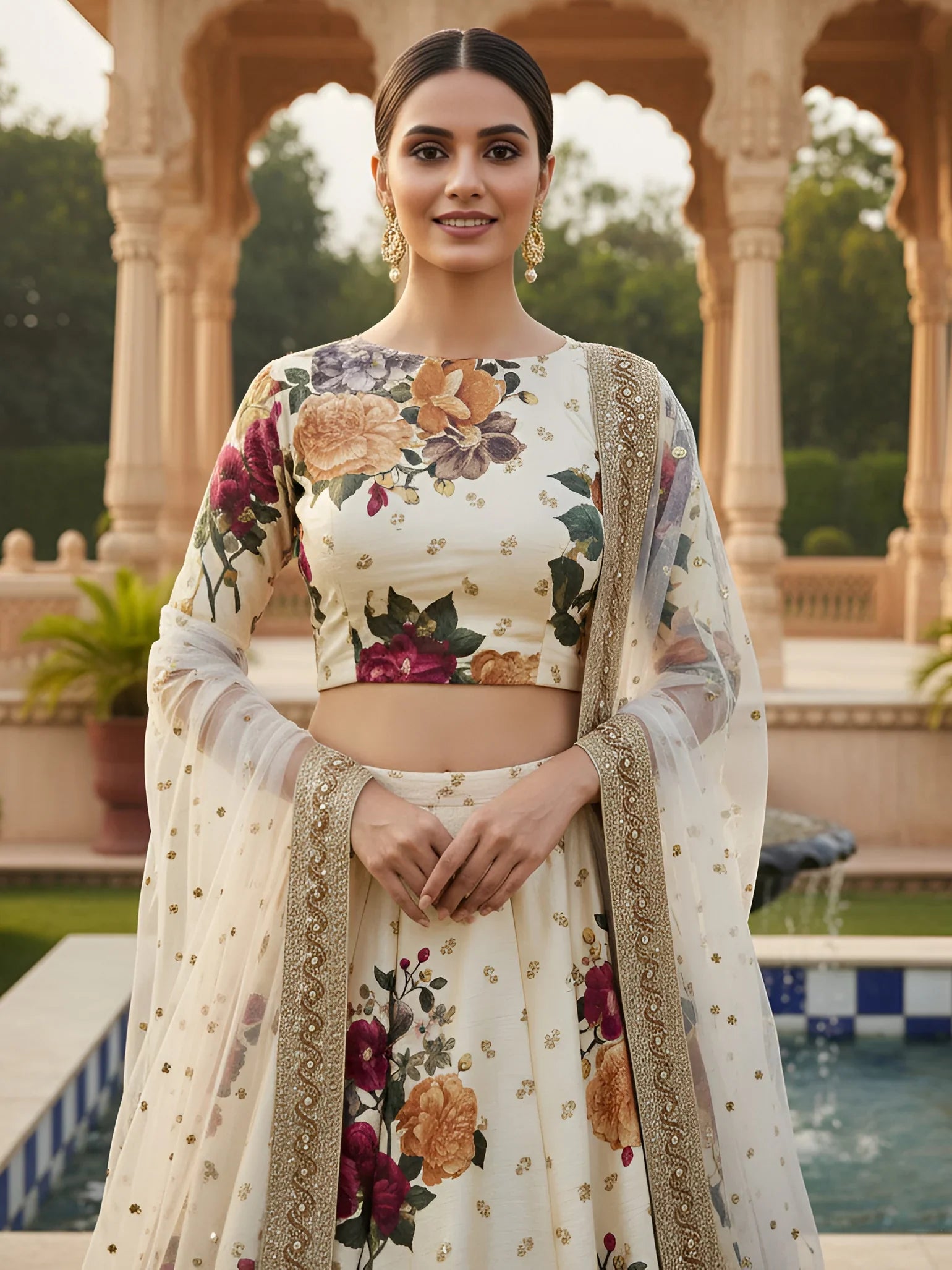 Superb Cream Floral Printed Silk Evening Wear Lehenga Choli With Dupatta