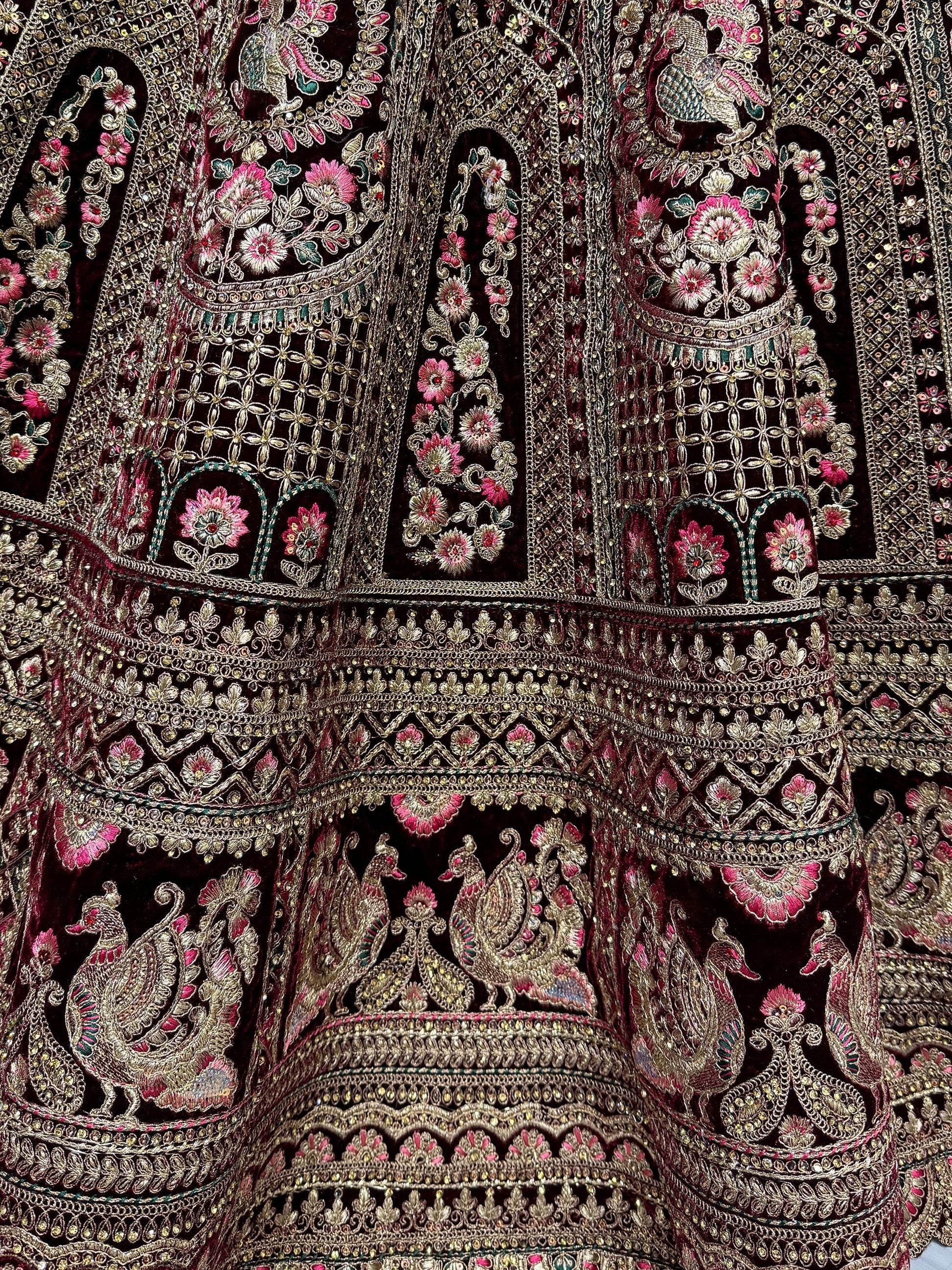 Superb Dark Maroon Velvet Bridal Lehenga Choli With Double Dupatta - Zeel Clothing