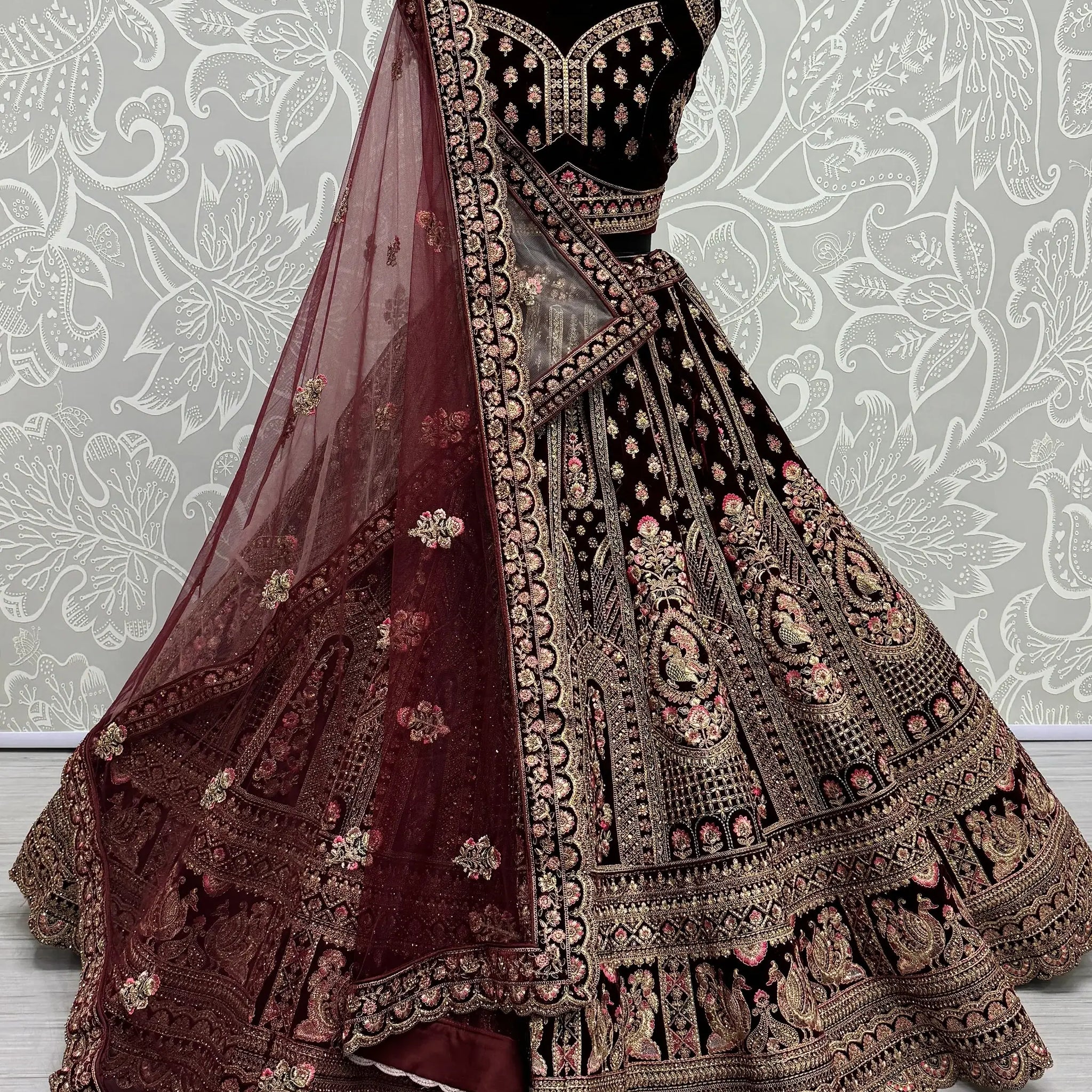 Superb Dark Maroon Velvet Bridal Lehenga Choli With Double Dupatta - Zeel Clothing