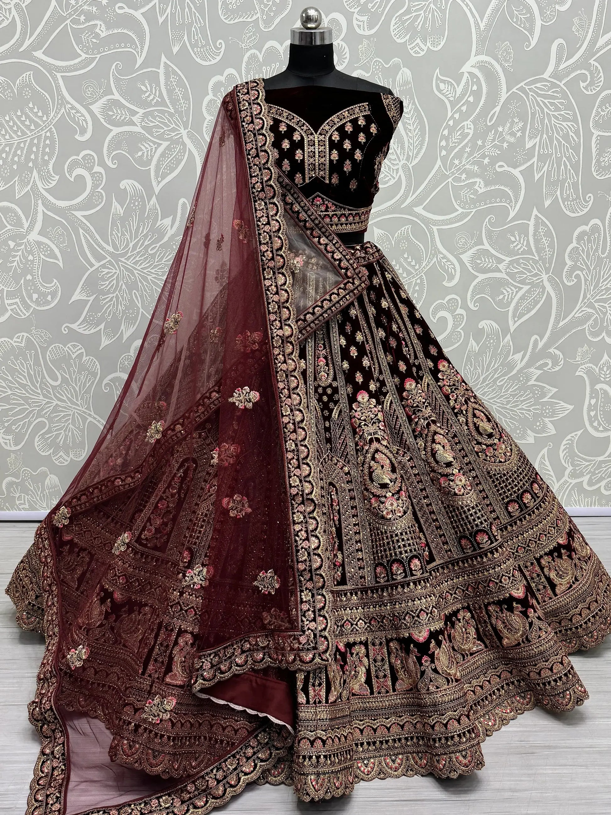 Superb Dark Maroon Velvet Bridal Lehenga Choli With Double Dupatta - Zeel Clothing