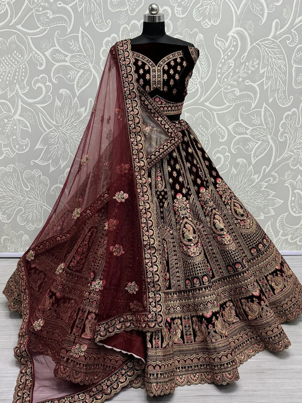 Superb Dark Maroon Velvet Bridal Lehenga Choli With Double Dupatta - Zeel Clothing