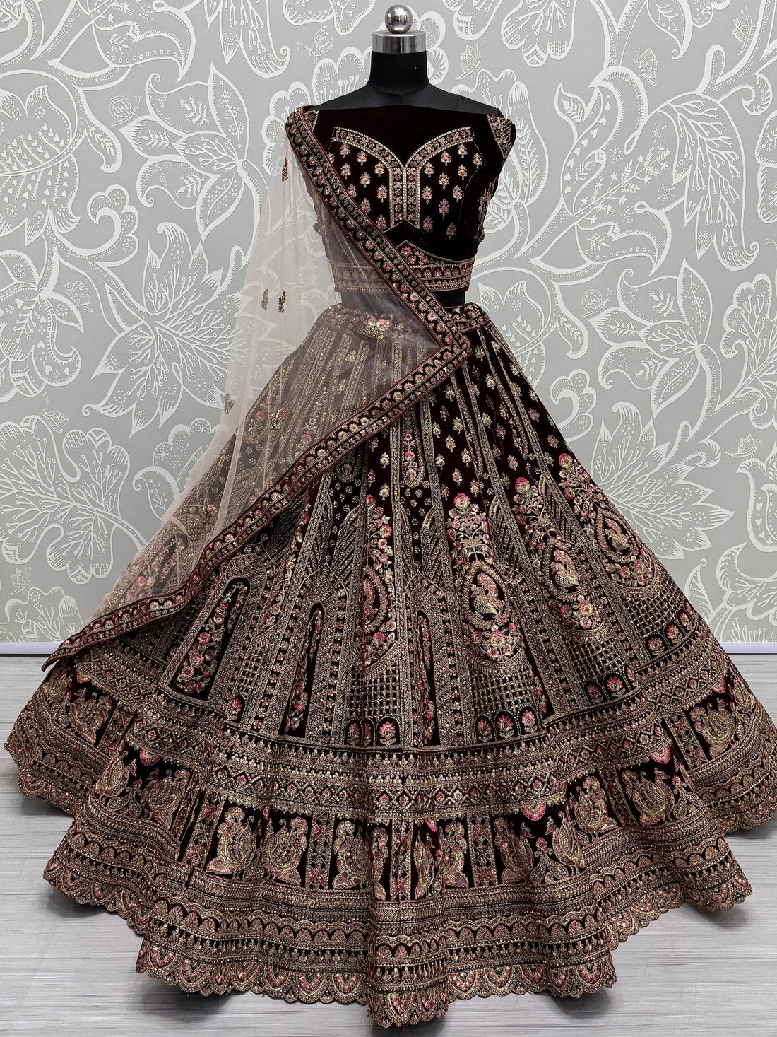 Superb Dark Maroon Velvet Bridal Lehenga Choli With Double Dupatta - Zeel Clothing