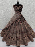 Superb Dark Maroon Velvet Bridal Lehenga Choli With Double Dupatta - Zeel Clothing