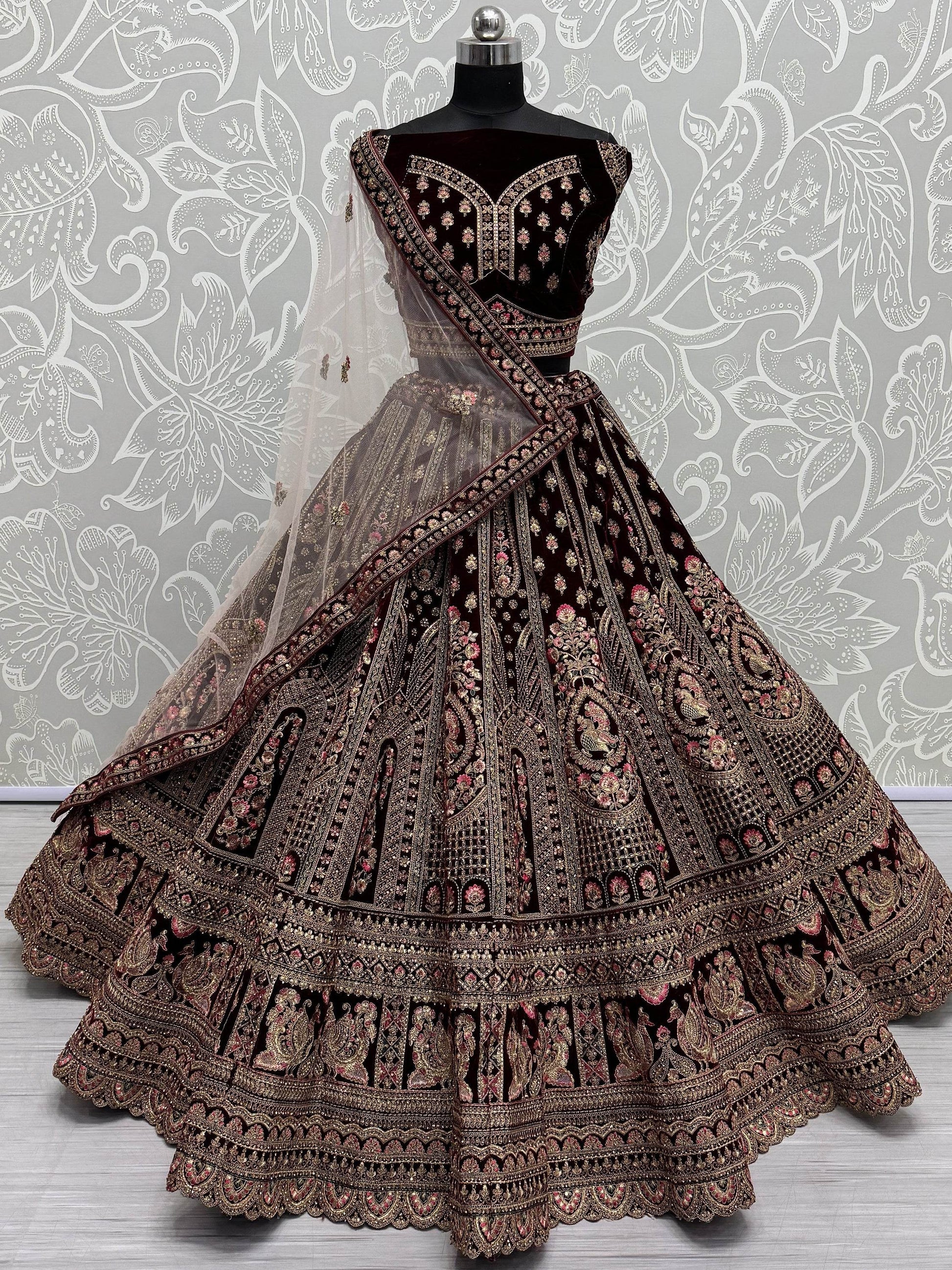Superb Dark Maroon Velvet Bridal Lehenga Choli With Double Dupatta - Zeel Clothing