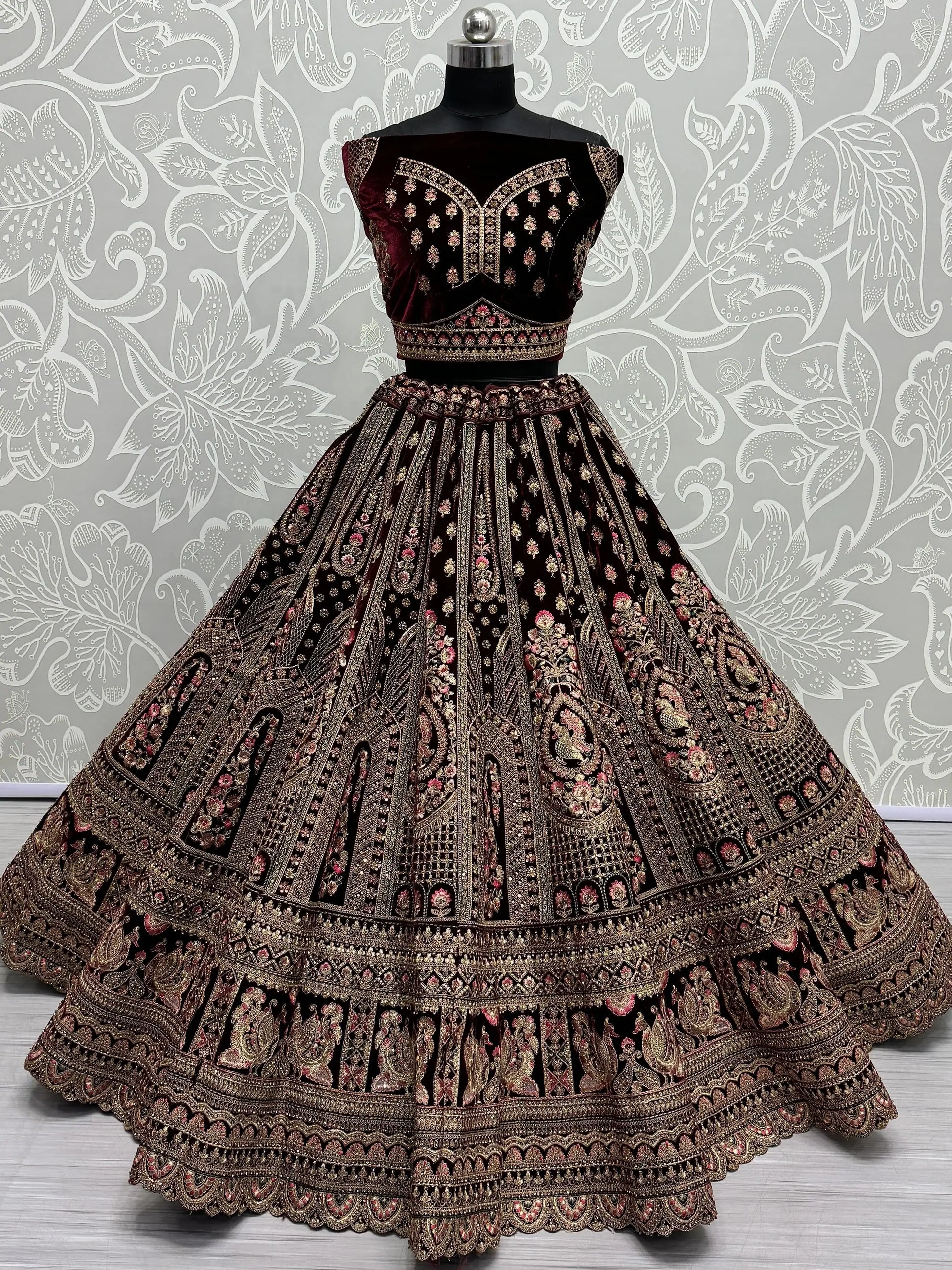 Superb Dark Maroon Velvet Bridal Lehenga Choli With Double Dupatta - Zeel Clothing