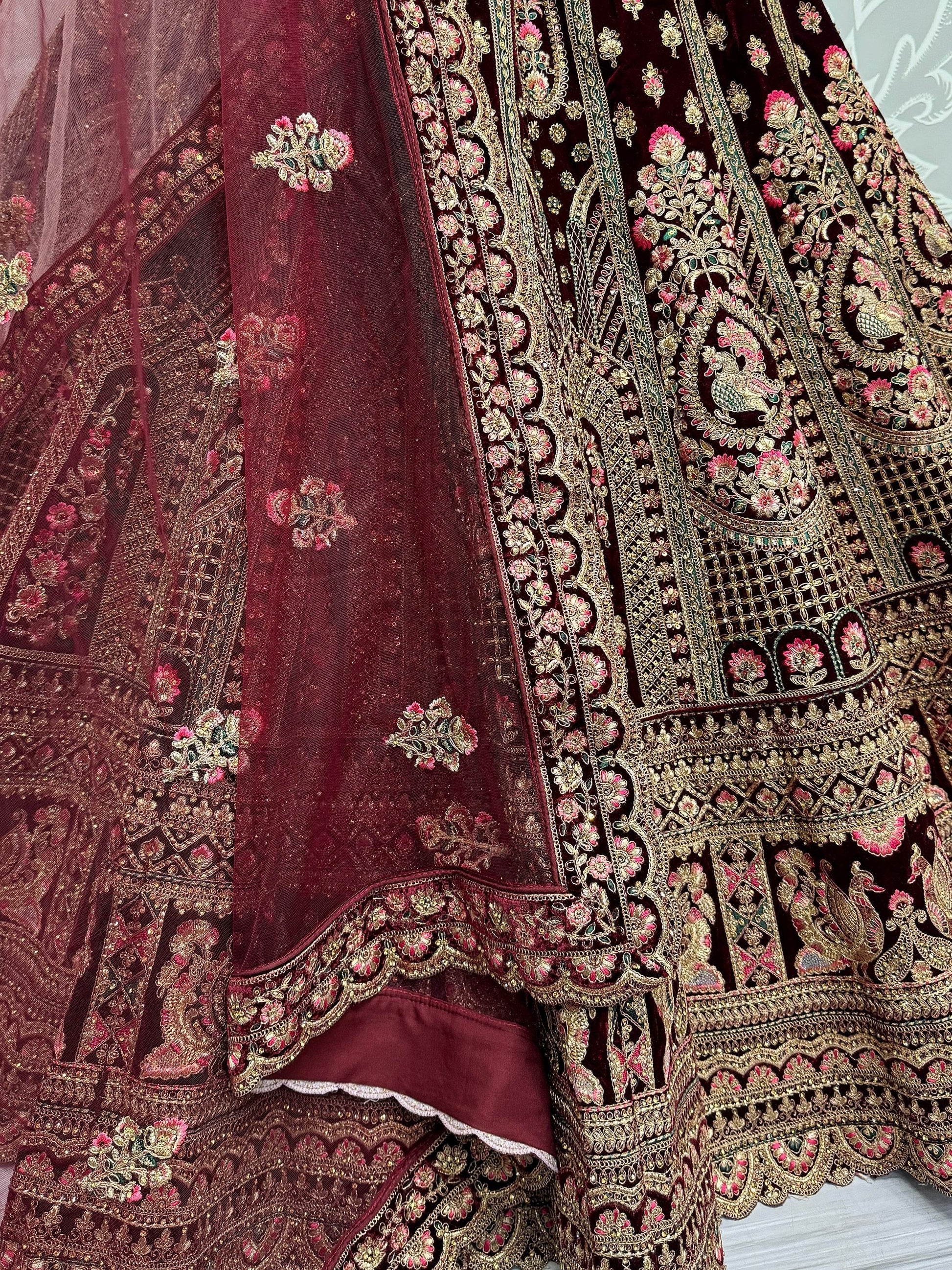 Superb Dark Maroon Velvet Bridal Lehenga Choli With Double Dupatta - Zeel Clothing