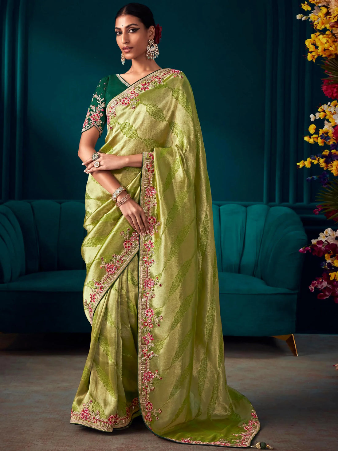 Superb Green Embroidered Kanjivaram Silk Events Wear Saree With Blouse - Zeel Clothing