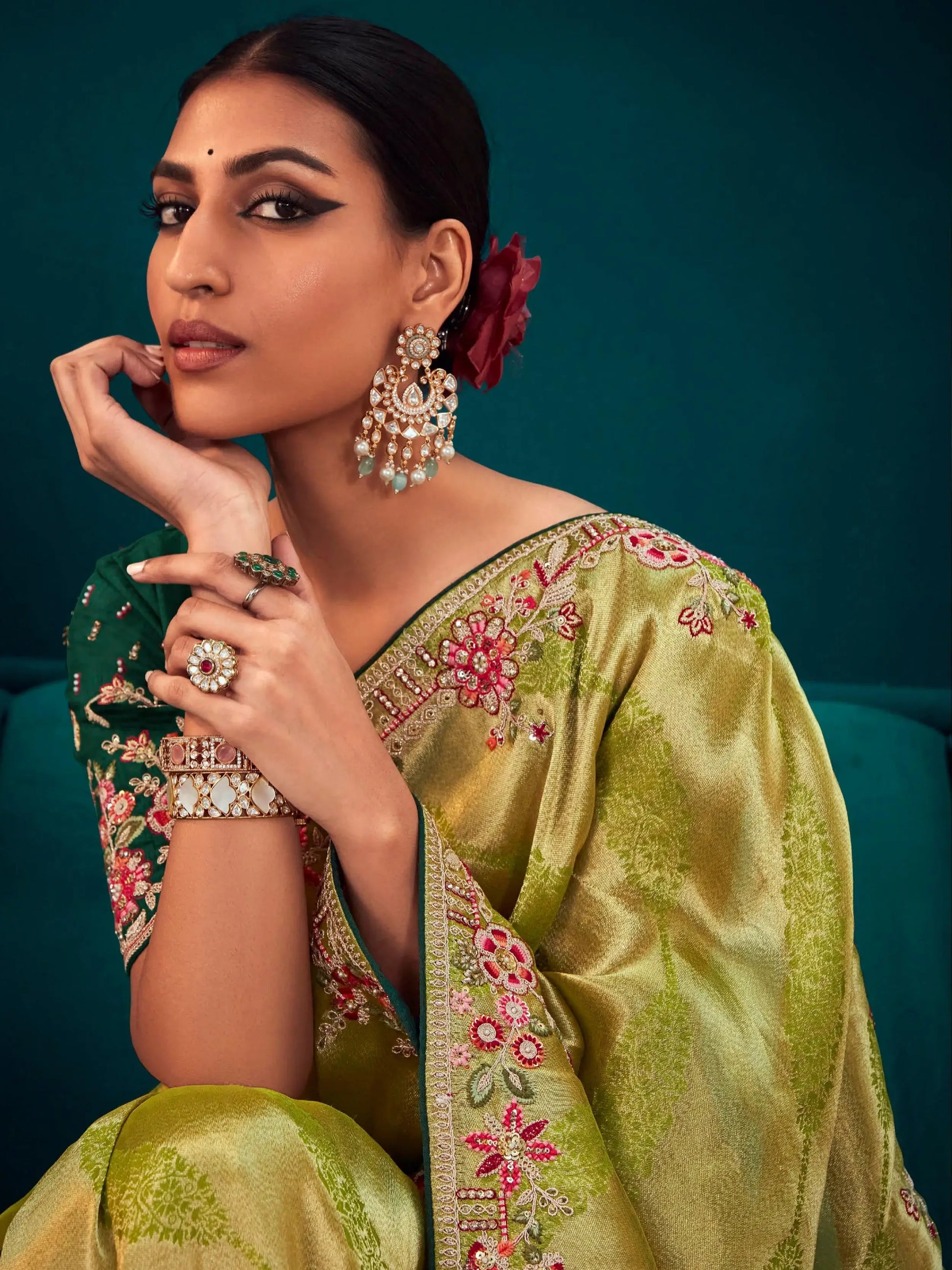 Superb Green Embroidered Kanjivaram Silk Events Wear Saree With Blouse - Zeel Clothing