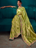 Superb Green Embroidered Kanjivaram Silk Events Wear Saree With Blouse - Zeel Clothing